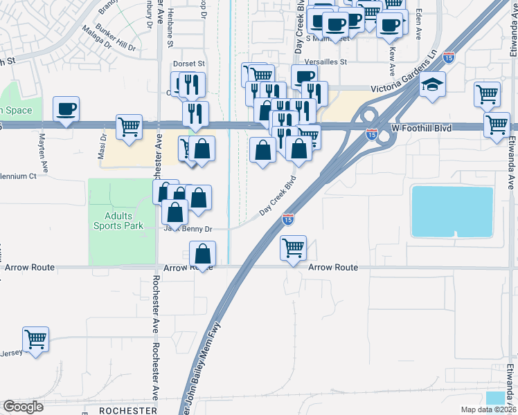 map of restaurants, bars, coffee shops, grocery stores, and more near 8338 Day Creek Boulevard in Rancho Cucamonga