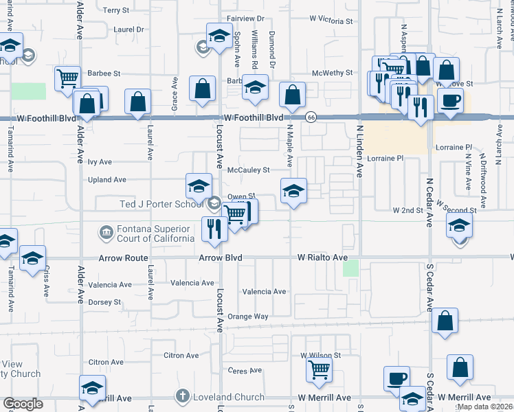 map of restaurants, bars, coffee shops, grocery stores, and more near 18206 Seville Avenue in Fontana