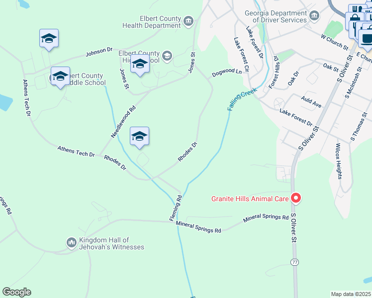 map of restaurants, bars, coffee shops, grocery stores, and more near 550 Rhodes Drive in Elberton