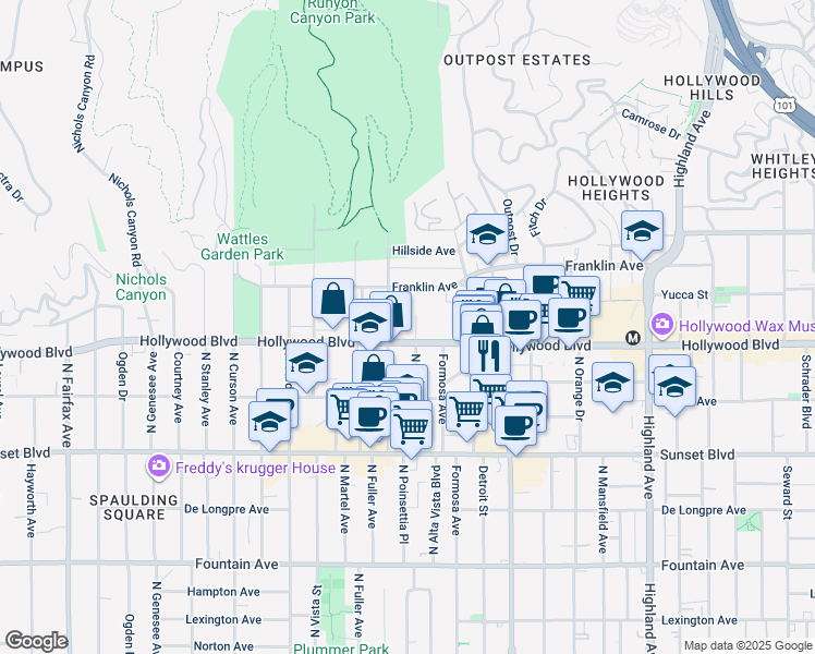map of restaurants, bars, coffee shops, grocery stores, and more near 1710 North Fuller Avenue in Los Angeles