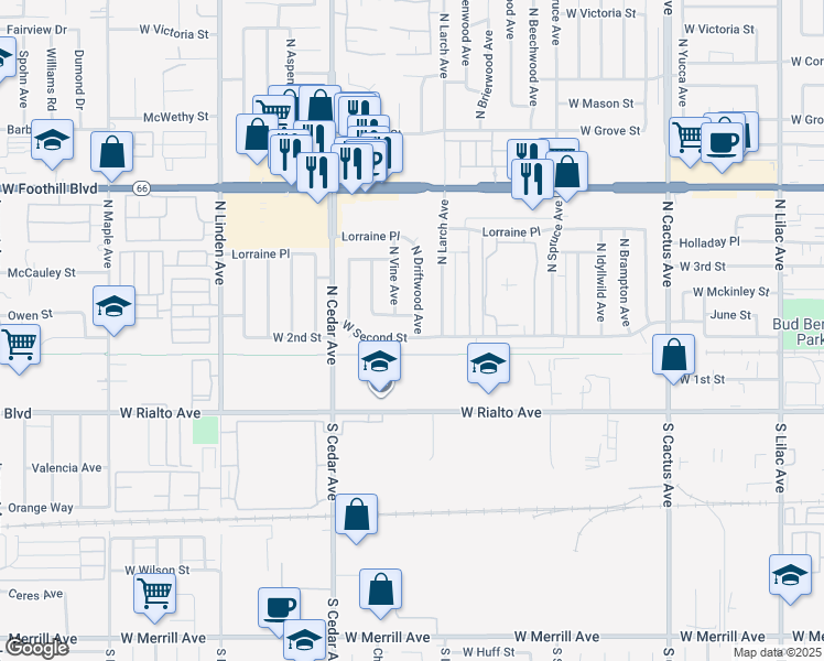map of restaurants, bars, coffee shops, grocery stores, and more near 1156 West Second Street in Rialto