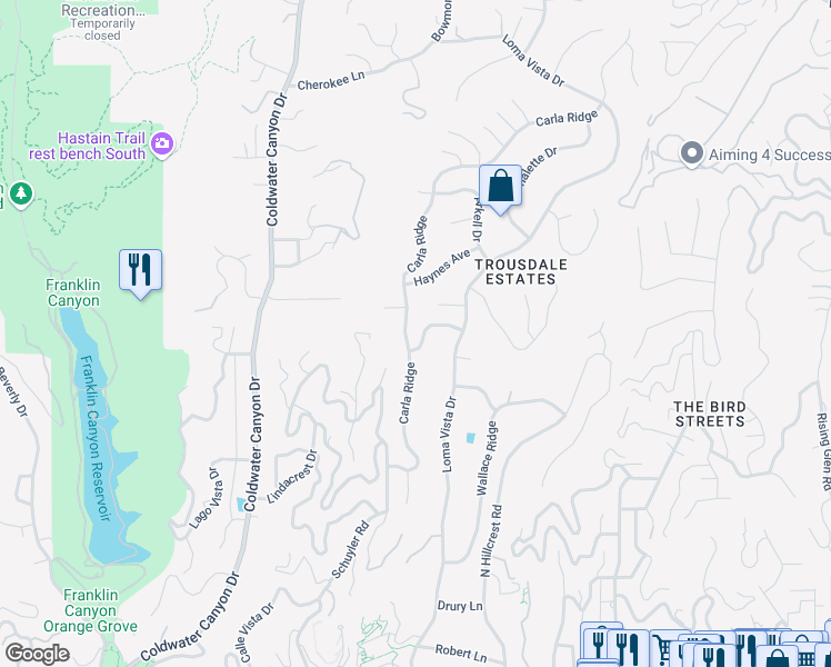 map of restaurants, bars, coffee shops, grocery stores, and more near 1520 Carla Ridge in Beverly Hills
