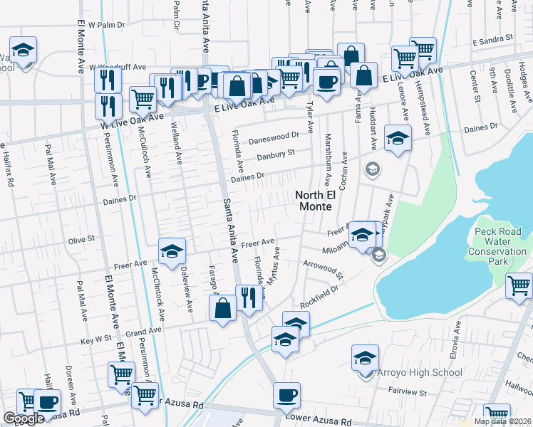 map of restaurants, bars, coffee shops, grocery stores, and more near 11128 Wildflower Road in Temple City