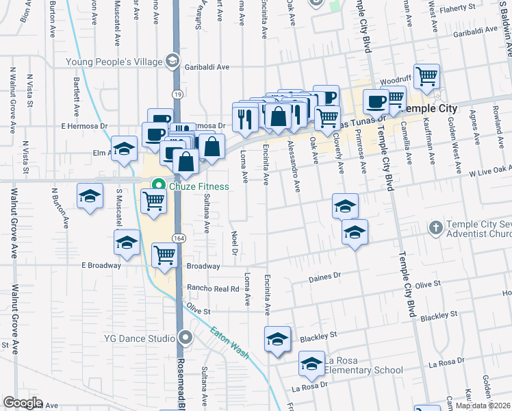 map of restaurants, bars, coffee shops, grocery stores, and more near 5715 Encinita Avenue in Temple City