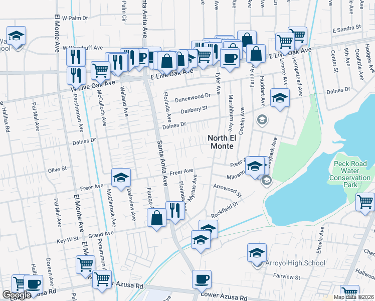 map of restaurants, bars, coffee shops, grocery stores, and more near 11128 Wildflower Road in Temple City