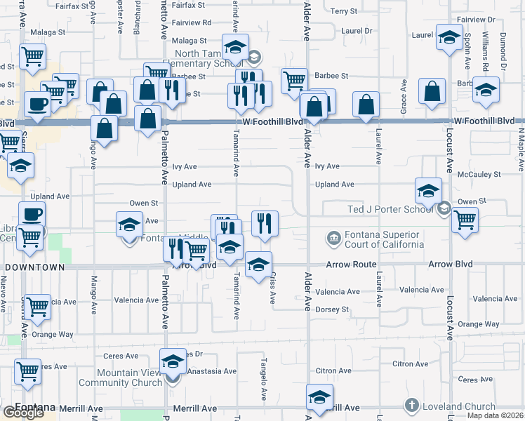 map of restaurants, bars, coffee shops, grocery stores, and more near 17575 Owen Street in Fontana