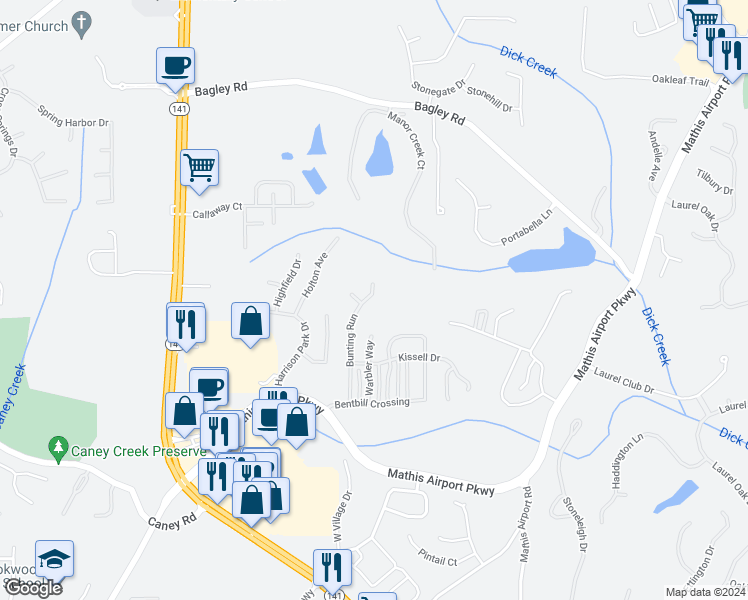 map of restaurants, bars, coffee shops, grocery stores, and more near 3330 Bunting Run in Cumming