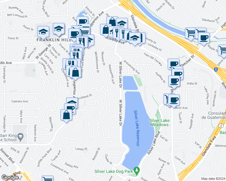 map of restaurants, bars, coffee shops, grocery stores, and more near 2345 Kenilworth Avenue in Los Angeles