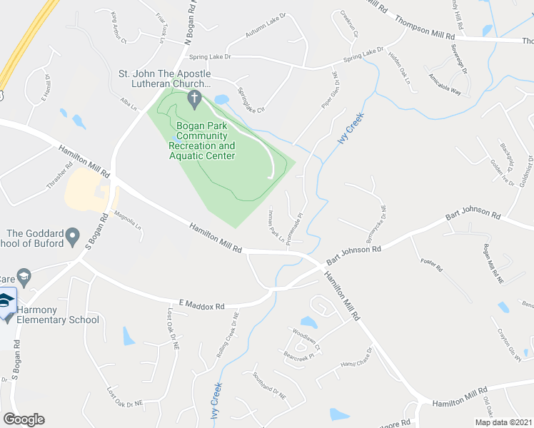 map of restaurants, bars, coffee shops, grocery stores, and more near 4020 Inman Park Lane in Buford