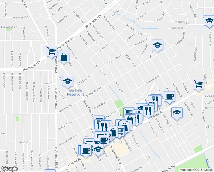 map of restaurants, bars, coffee shops, grocery stores, and more near 300 East Alhambra Road in Alhambra