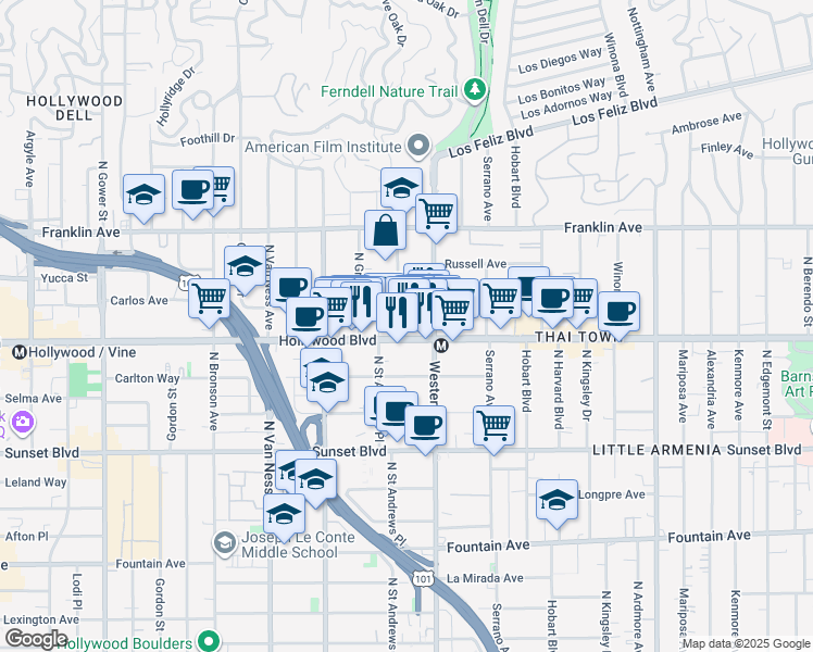 map of restaurants, bars, coffee shops, grocery stores, and more near 1723 Garfield Place in Los Angeles