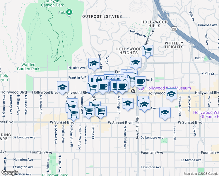 map of restaurants, bars, coffee shops, grocery stores, and more near 7021 Hollywood Boulevard in Los Angeles