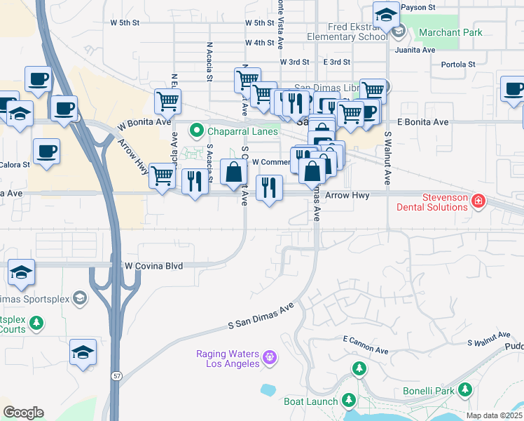 map of restaurants, bars, coffee shops, grocery stores, and more near 204 West Arrow Highway in San Dimas