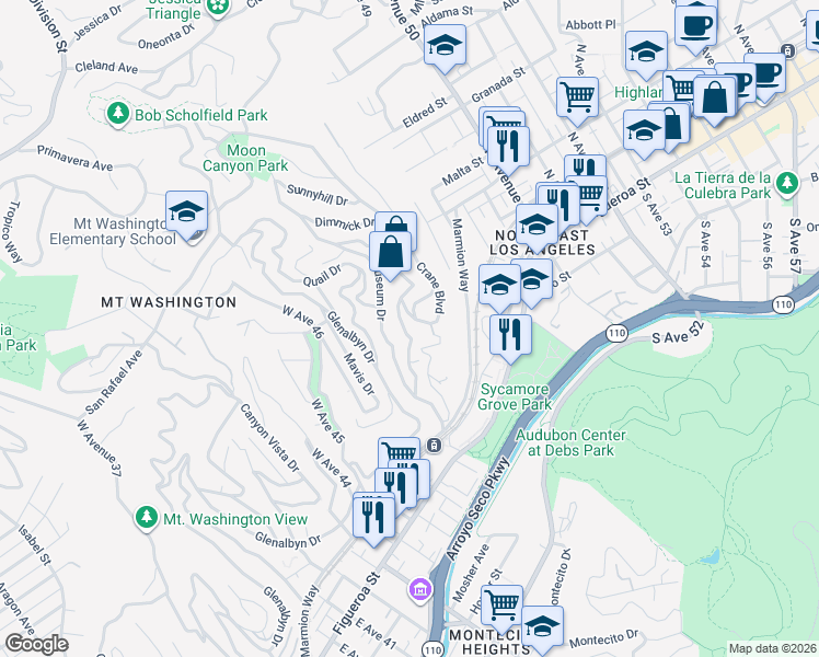 map of restaurants, bars, coffee shops, grocery stores, and more near 364 Crane Boulevard in Los Angeles
