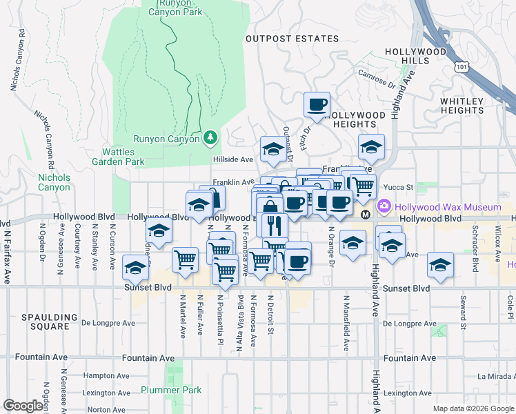 map of restaurants, bars, coffee shops, grocery stores, and more near 1730 North La Brea Avenue in Los Angeles