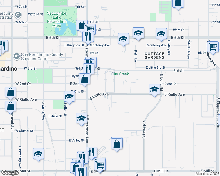 map of restaurants, bars, coffee shops, grocery stores, and more near 448 East Rialto Avenue in San Bernardino