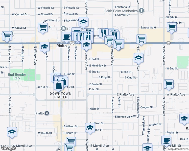 map of restaurants, bars, coffee shops, grocery stores, and more near 363 East 2nd Street in Rialto