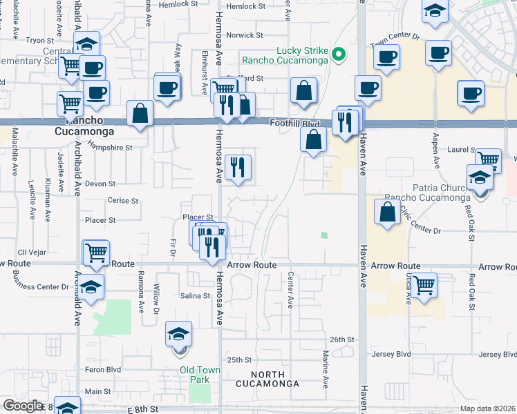 map of restaurants, bars, coffee shops, grocery stores, and more near 10225 Chaparral Way in Rancho Cucamonga