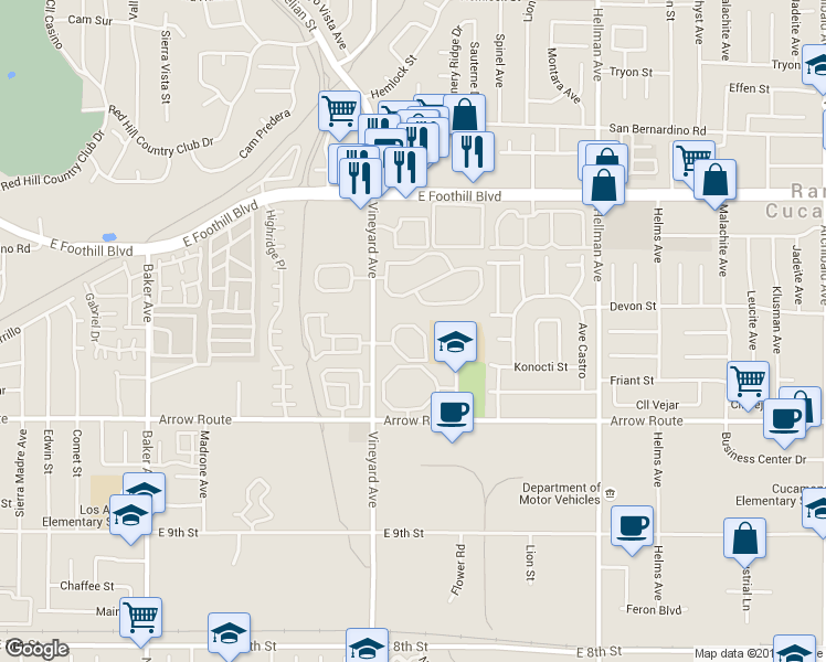 map of restaurants, bars, coffee shops, grocery stores, and more near 8317 Vineyard Avenue in Rancho Cucamonga
