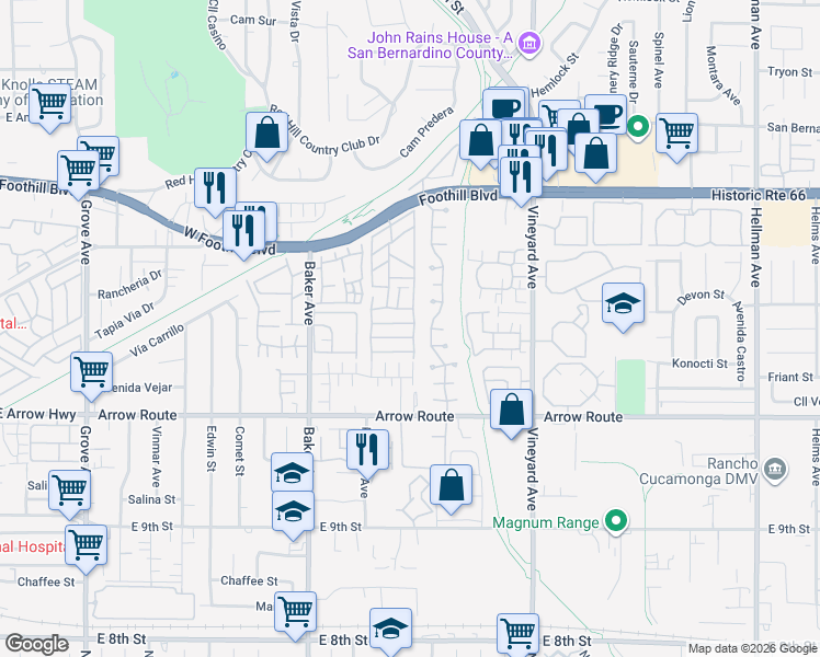 map of restaurants, bars, coffee shops, grocery stores, and more near 8333 Foothill Boulevard in Rancho Cucamonga