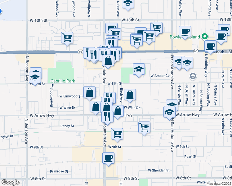 map of restaurants, bars, coffee shops, grocery stores, and more near 733 Spruce Avenue in Upland