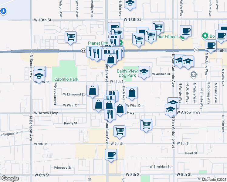 map of restaurants, bars, coffee shops, grocery stores, and more near 733 Spruce Avenue in Upland
