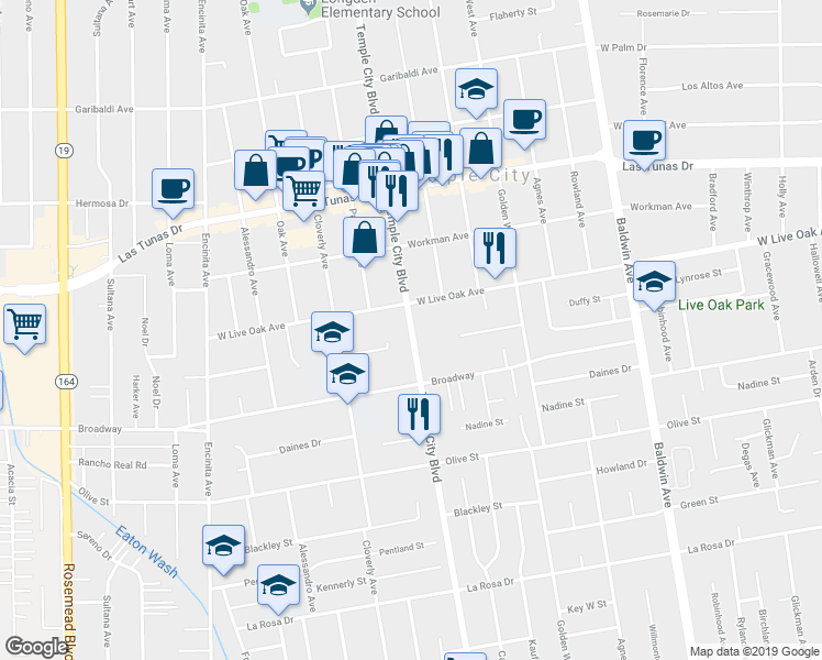 map of restaurants, bars, coffee shops, grocery stores, and more near 5616 Temple City Boulevard in Temple City