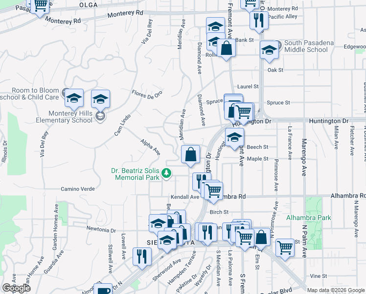 map of restaurants, bars, coffee shops, grocery stores, and more near 709 Bonita Drive in South Pasadena