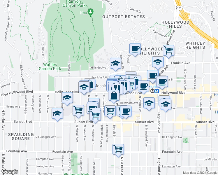 map of restaurants, bars, coffee shops, grocery stores, and more near 1730 North La Brea Avenue in Los Angeles