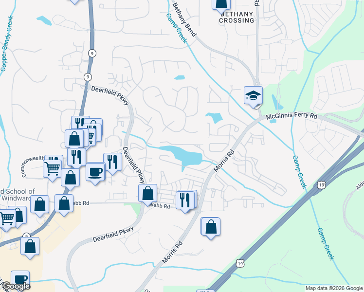 map of restaurants, bars, coffee shops, grocery stores, and more near 3512 Wennington Trc in Alpharetta