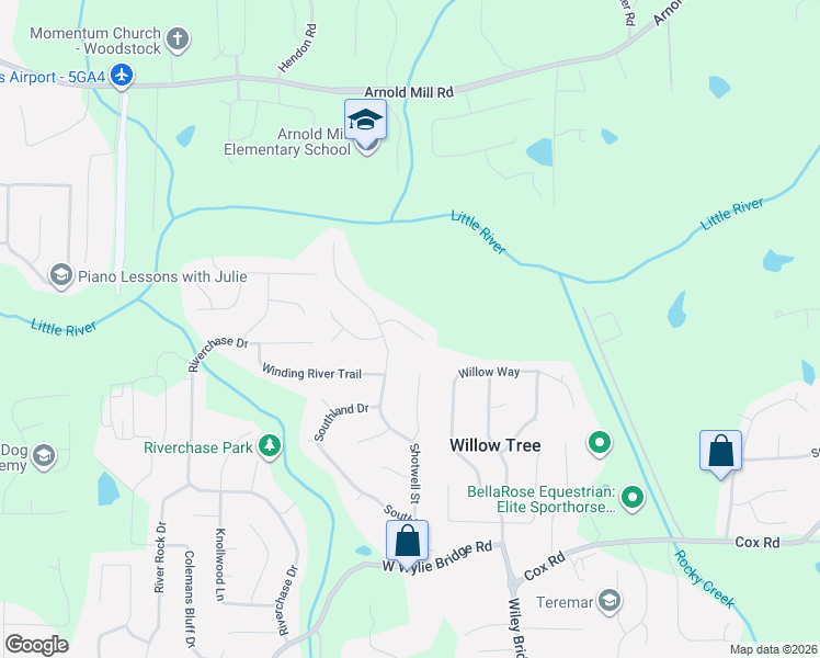 map of restaurants, bars, coffee shops, grocery stores, and more near Southland Drive in Woodstock