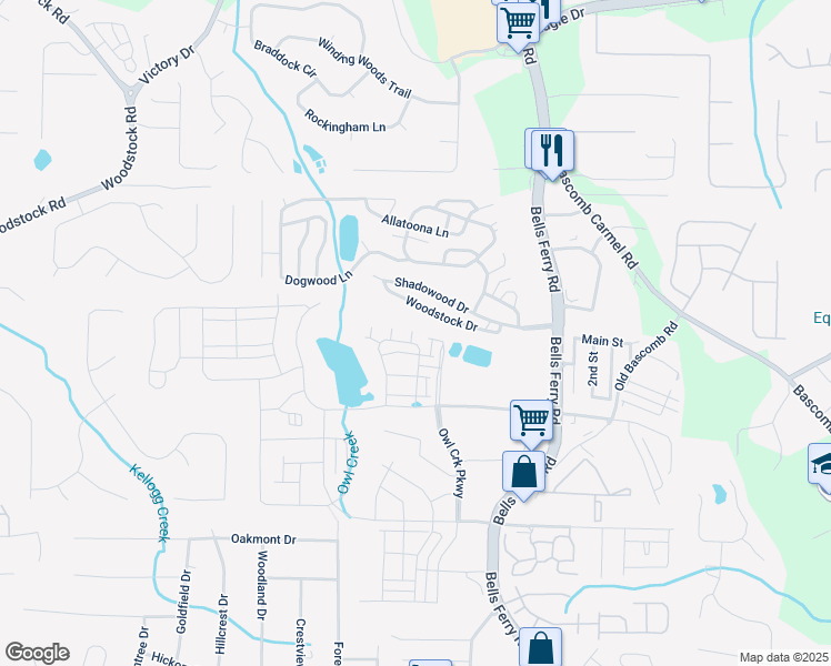 map of restaurants, bars, coffee shops, grocery stores, and more near Woodstock Drive in Acworth