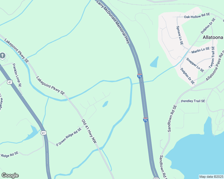 map of restaurants, bars, coffee shops, grocery stores, and more near 72 Creek Drive Southeast in Cartersville