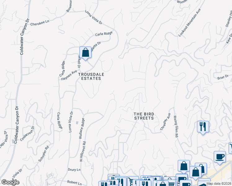 map of restaurants, bars, coffee shops, grocery stores, and more near 1130 Maytor Place in Beverly Hills