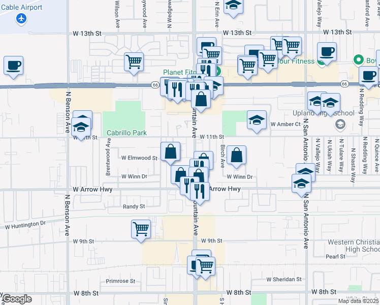 map of restaurants, bars, coffee shops, grocery stores, and more near 733 North Mountain Avenue in Upland