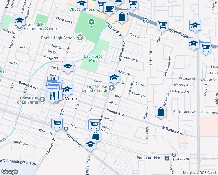 map of restaurants, bars, coffee shops, grocery stores, and more near 2472 7th Street in La Verne