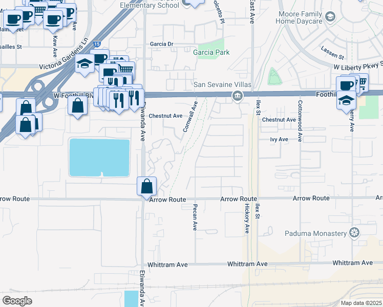 map of restaurants, bars, coffee shops, grocery stores, and more near 8255 Cornwall Avenue in Rancho Cucamonga