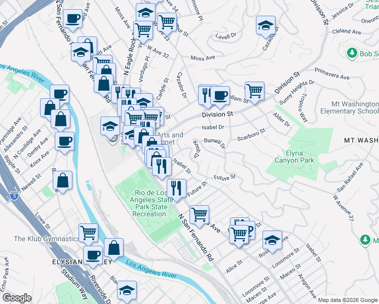 map of restaurants, bars, coffee shops, grocery stores, and more near 1930 Kemper Street in Los Angeles