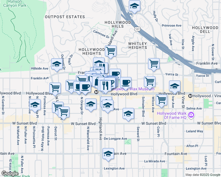 map of restaurants, bars, coffee shops, grocery stores, and more near 1714 North McCadden Place in Los Angeles