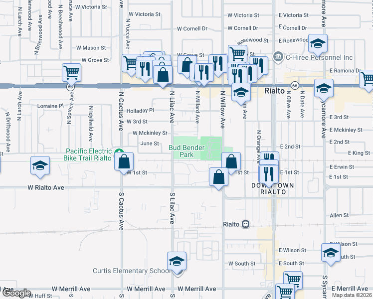 map of restaurants, bars, coffee shops, grocery stores, and more near 235 North Lilac Avenue in Rialto