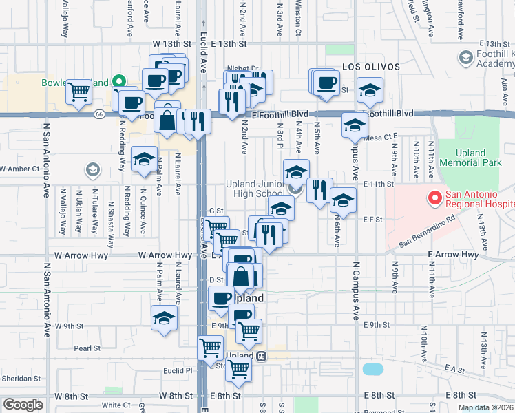 map of restaurants, bars, coffee shops, grocery stores, and more near 263 G Street in Upland