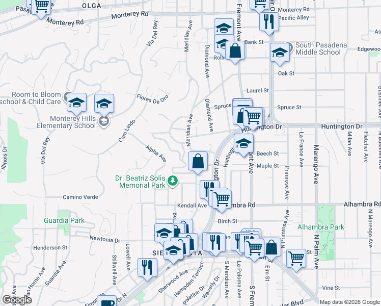 map of restaurants, bars, coffee shops, grocery stores, and more near 709 Bonita Drive in South Pasadena