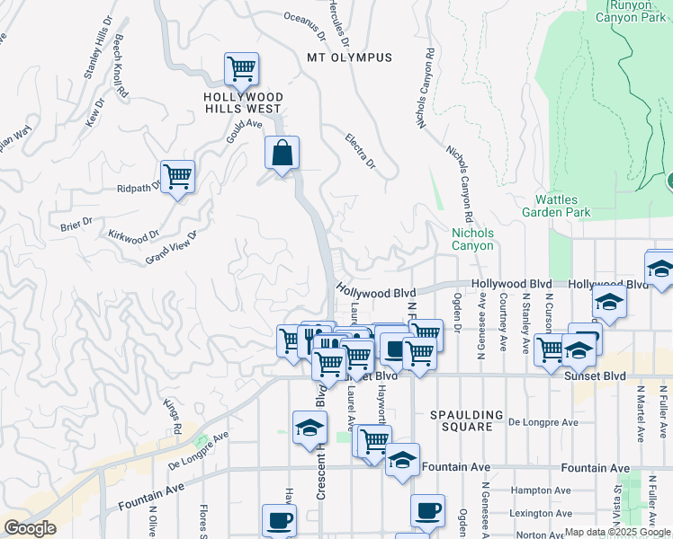 map of restaurants, bars, coffee shops, grocery stores, and more near 1720 Laurel Canyon Boulevard in Los Angeles