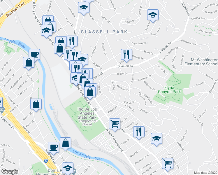 map of restaurants, bars, coffee shops, grocery stores, and more near 1930 Kemper Street in Los Angeles