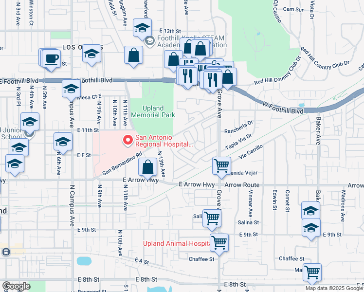 map of restaurants, bars, coffee shops, grocery stores, and more near 1350 San Bernardino Road in Upland