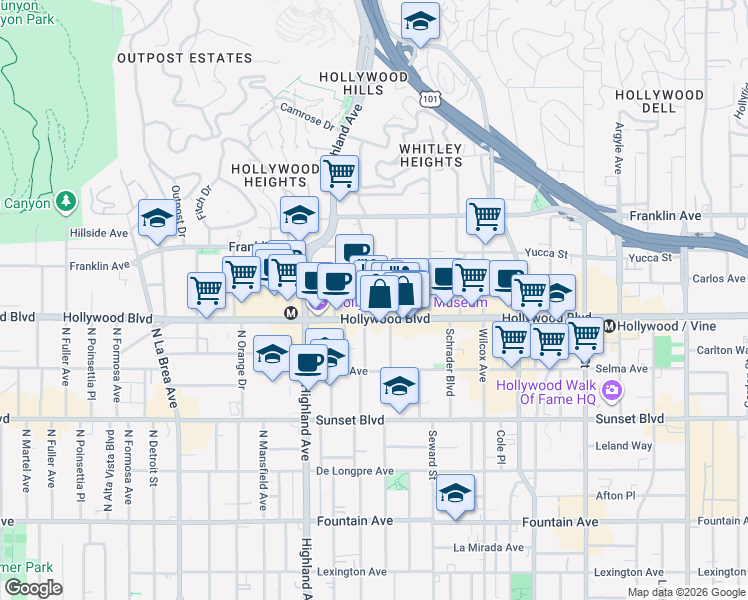 map of restaurants, bars, coffee shops, grocery stores, and more near 1718 North Las Palmas Avenue in Los Angeles