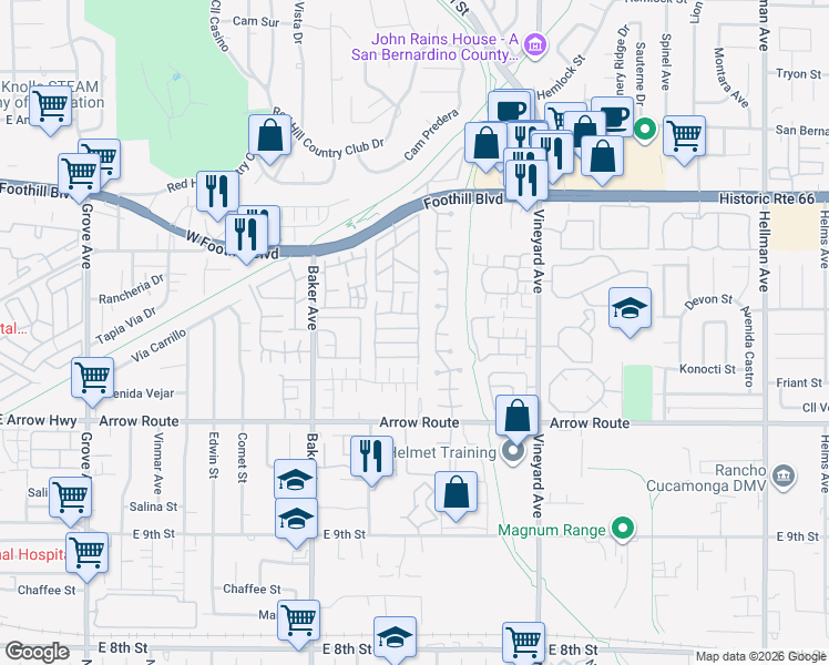 map of restaurants, bars, coffee shops, grocery stores, and more near 8333 Foothill Boulevard in Rancho Cucamonga