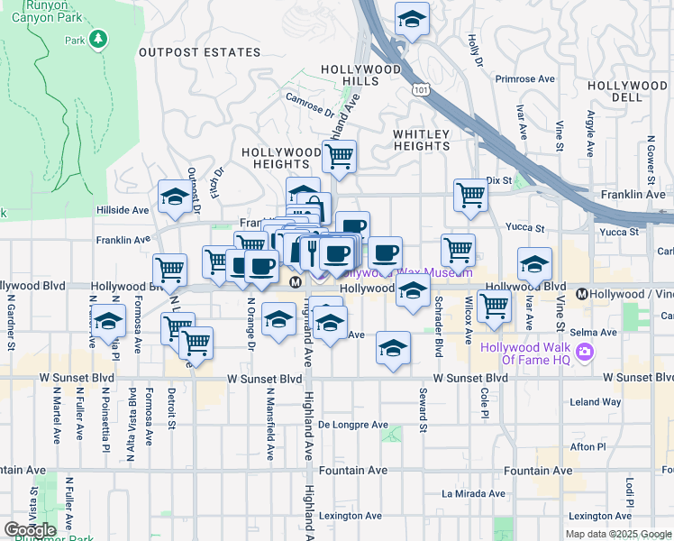 map of restaurants, bars, coffee shops, grocery stores, and more near 1714 North McCadden Place in Los Angeles