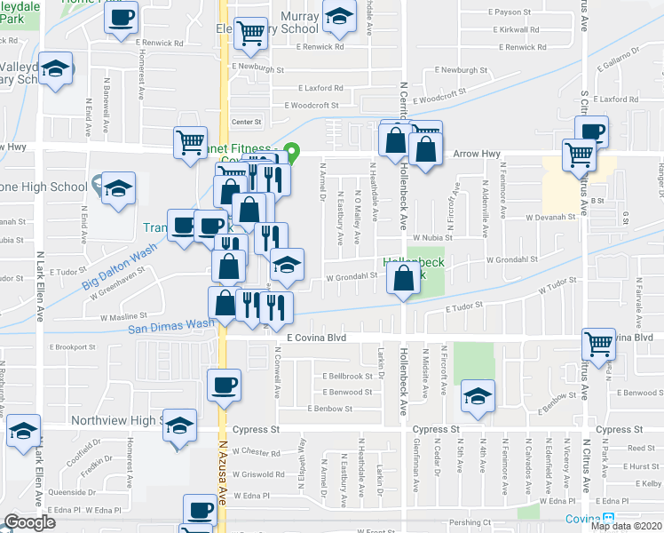 map of restaurants, bars, coffee shops, grocery stores, and more near 650 West Groverdale Street in Covina