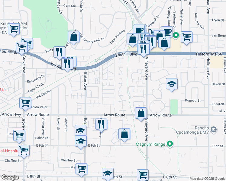map of restaurants, bars, coffee shops, grocery stores, and more near 8651 Foothill Boulevard in Rancho Cucamonga